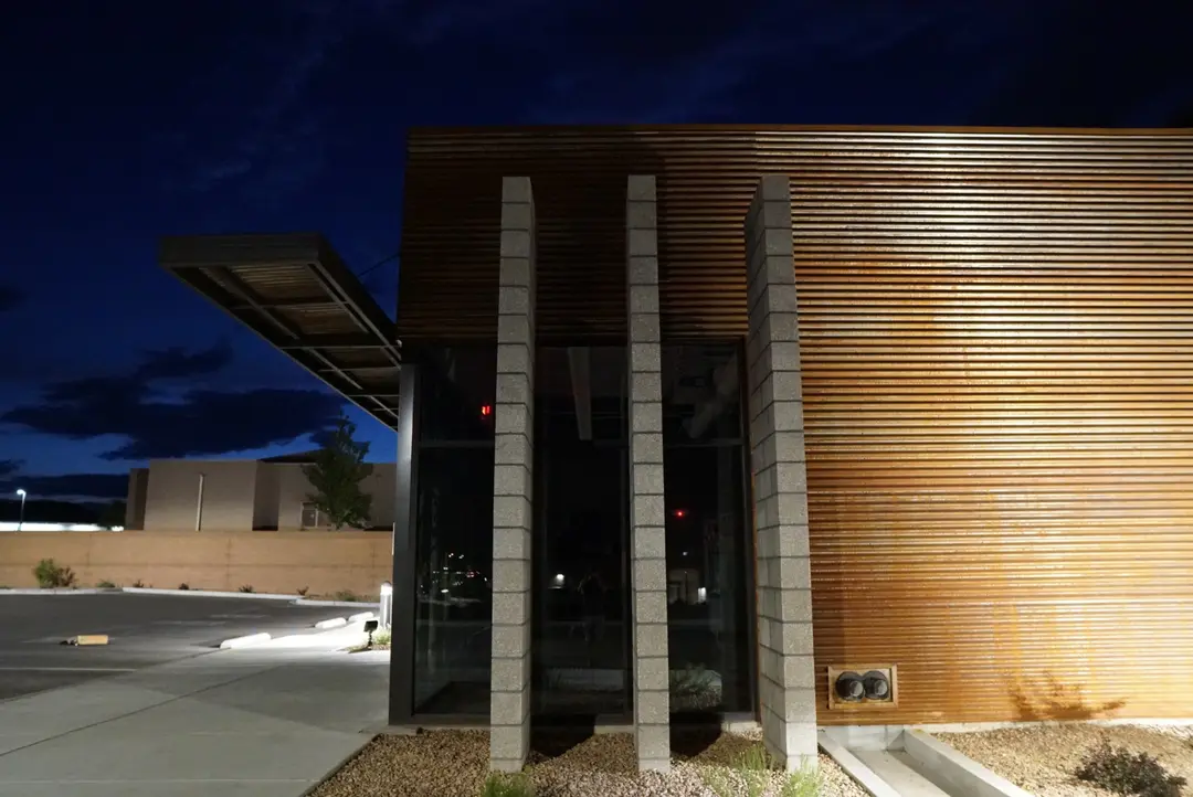 Exterior concrete pillar structural elements.