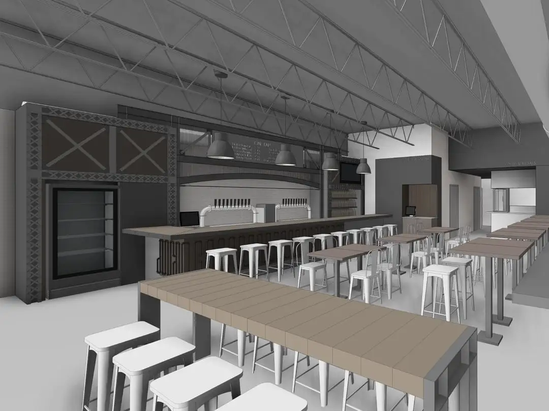 Canteen Taproom Heights 3D rendering - bar area and seating.