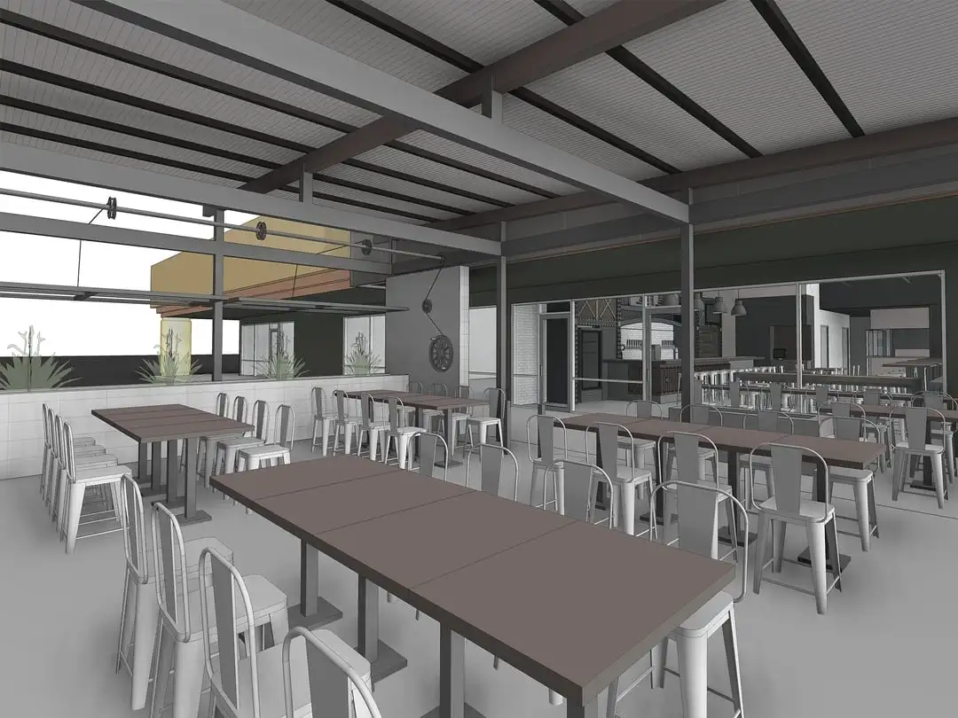 Canteen Taproom Heights 3D rendering - seating area.