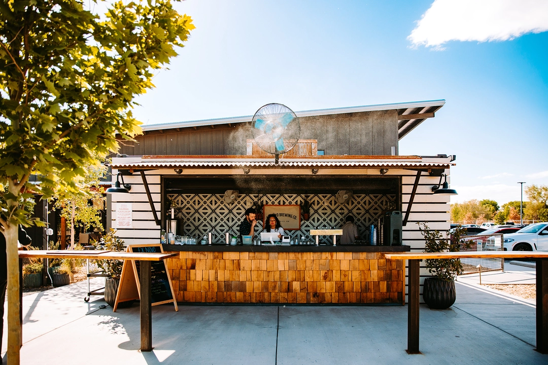 Beer garden ordering counter with mist fan.