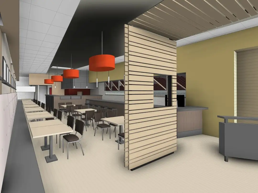3D Rendering - Wooden overhang and entrance accent toward front of restaurant.