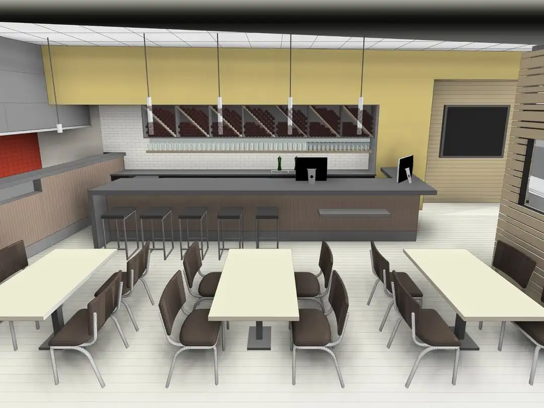 3D Rendering - Four-seat tables and ordering counter.