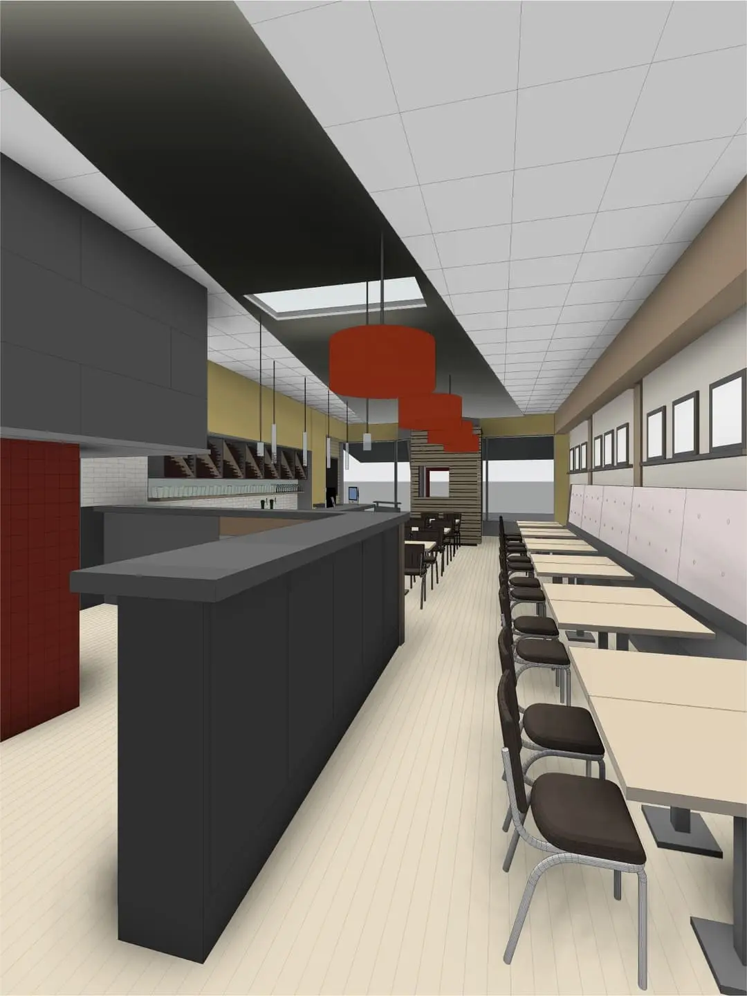 3D Rendering - View of seating and kitchen area from back of restaurant.