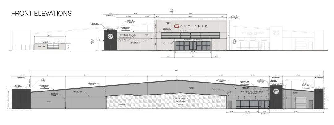 Technical diagram of elevations for front and rear of building.