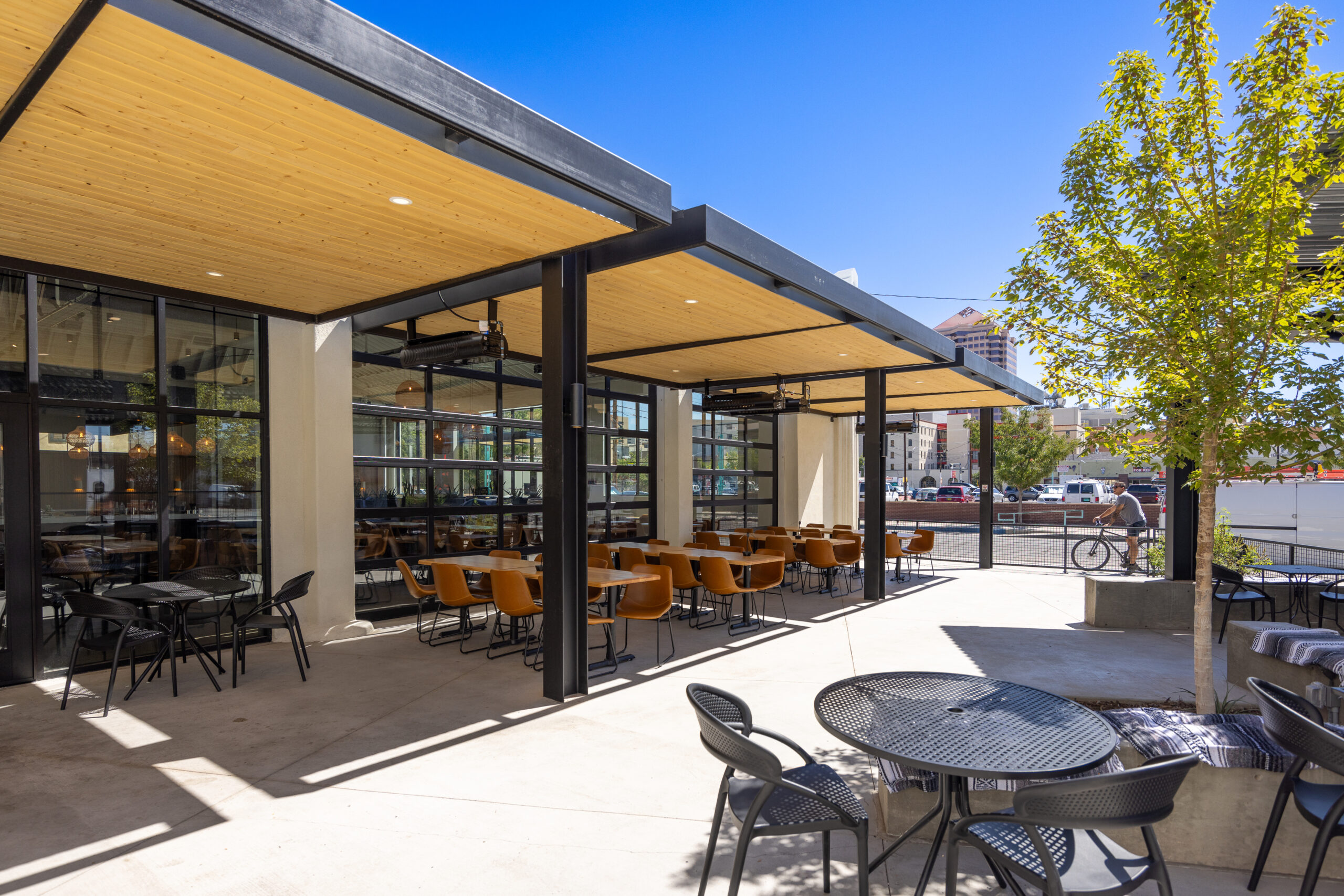 View of outdoor seating at Ex Novo Downtown