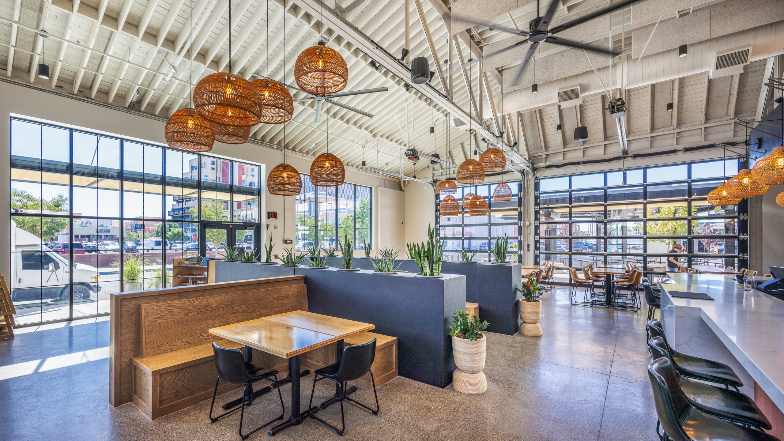 View of indoor seating during daytime at Ex Novo Downtown