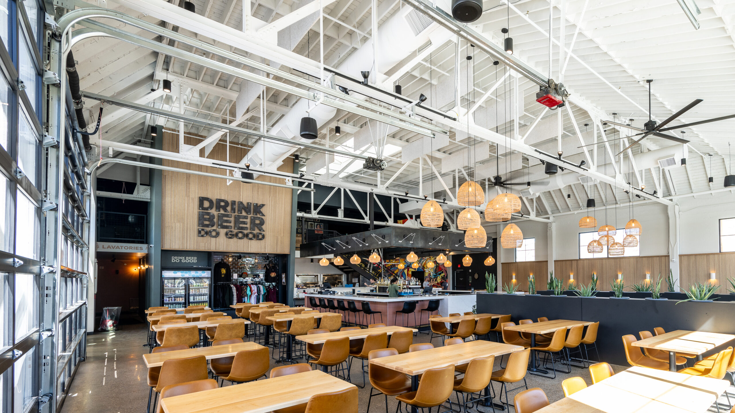 View of indoor seating at Ex Novo Downtown during daytime