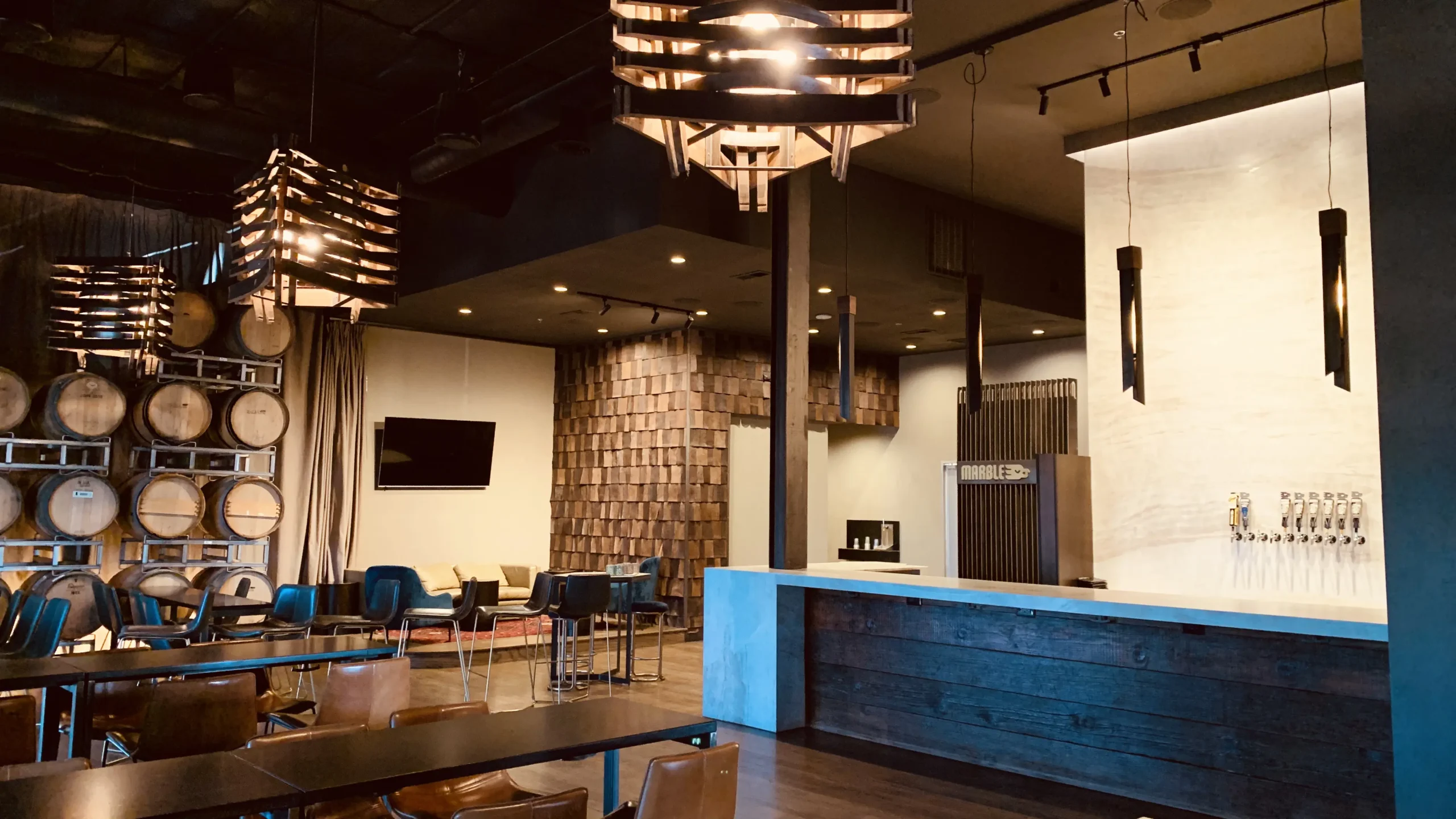 Marble Brewery interior with modern wooden and steel finishes